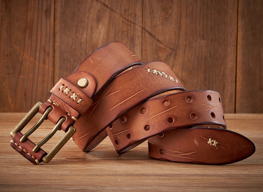 3.8CM Original Genuine Leather Army Tactical Belt Double-needle Buckle Men's Belt Washed Water Made Old Macho Jeans Belt