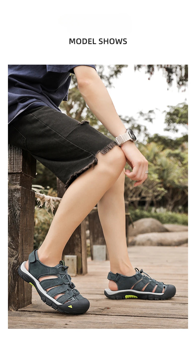 Men's Sport Sandals Outdoor Hiking Sandals Closed Toe Leather Fashion All-match Light Trail Walking Casual Sandals Water Shoes