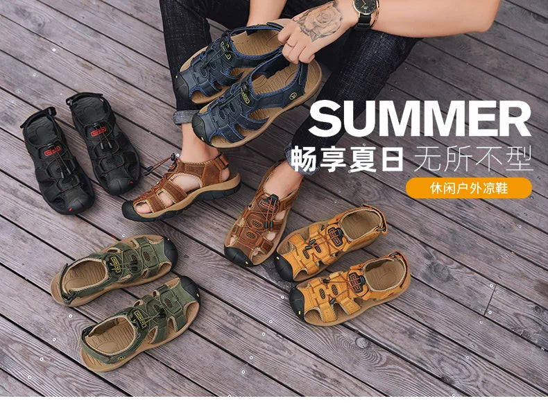 Summer Men Sandals Genuine Leather Mens Casual Shoes Outdoor Men Leather Sandals for Men Beach Shoes Roman Shoes Plus Size 38-48