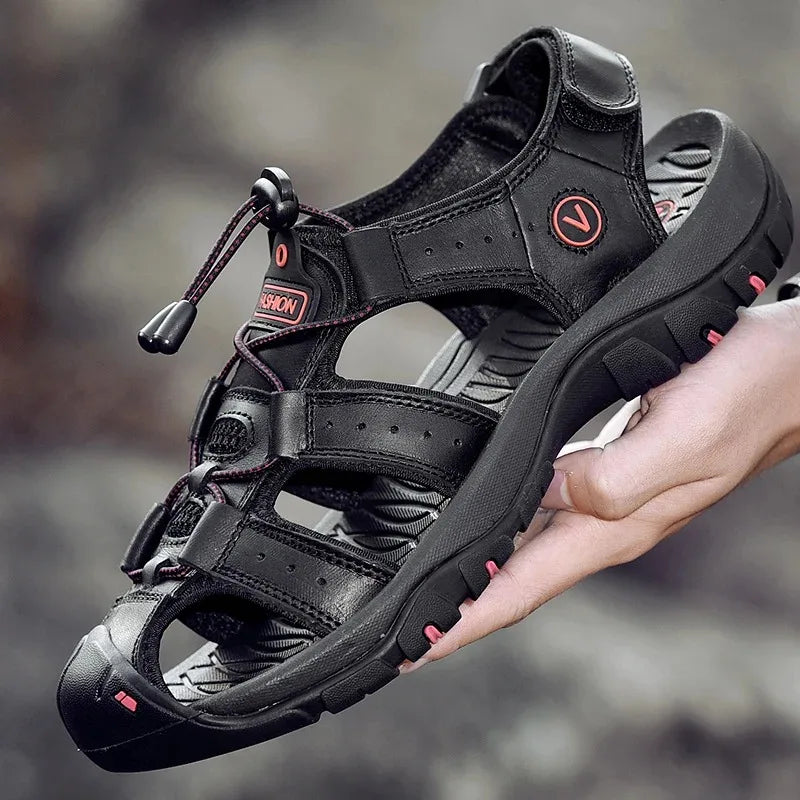 Big Size Men's Sandals Summer Anti-collision Outdoor Walking Treking Casual Shoes Leather Hiking Men Slippers Beach Wading Shoes