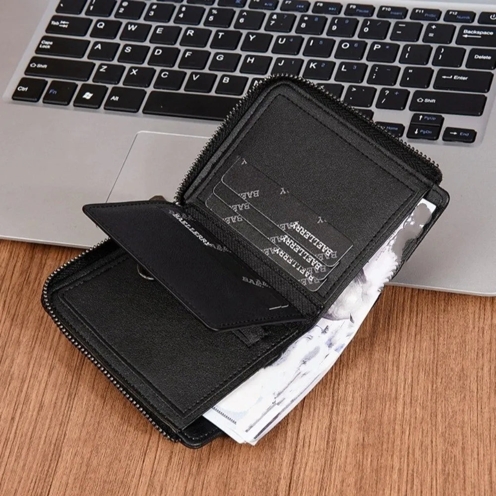 Portable PU Leather Men's Wallet Multi-functional Large Capacity Short Card Bag Zipper Closure Square Business Wallet Male