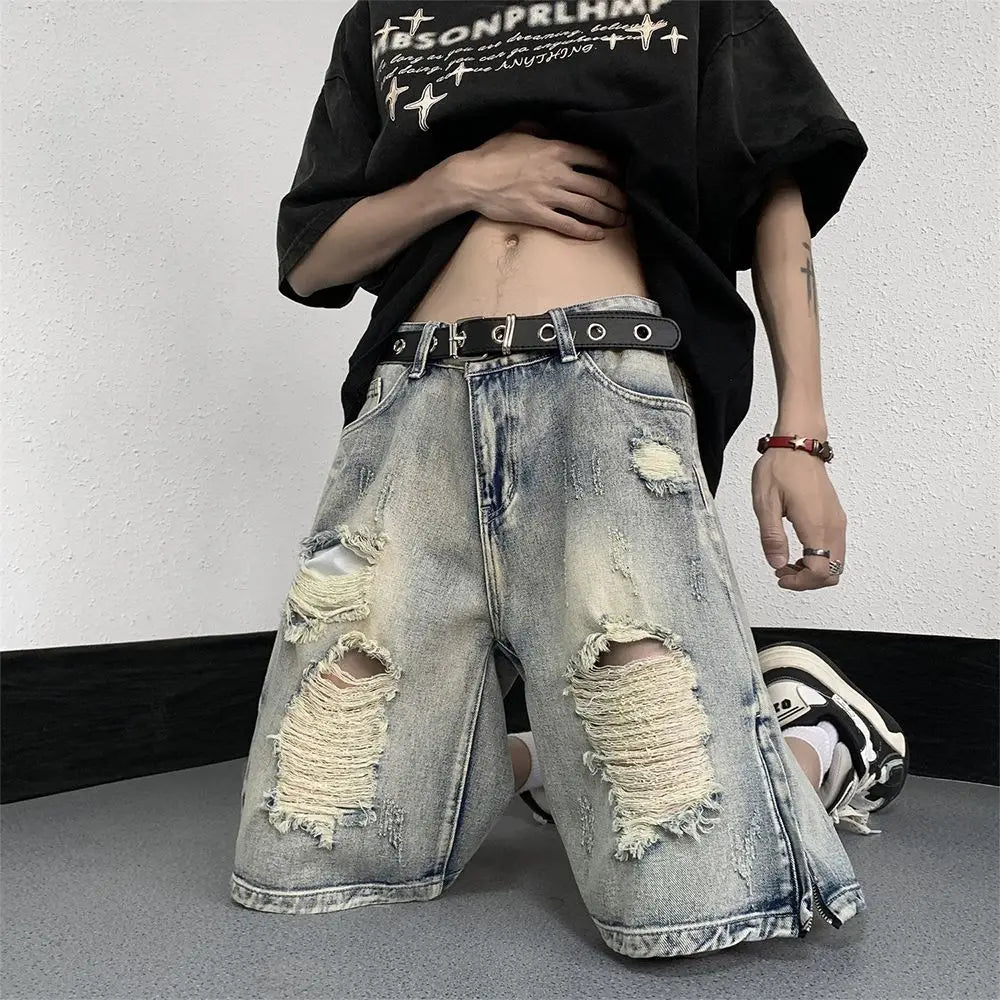 Men's High Street Ripped Denim Versatile Loose and Handsome Shorts