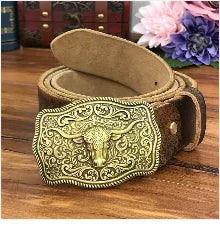 Brass Cowboy Belt Buckle Luxury Men Leather Belt Ceinture Homme Yellow Belts For Men Wide Male Strap Jeans Waist MBT0537