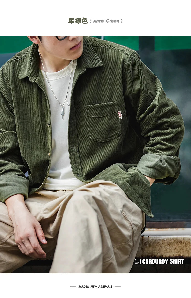 Maden Men's Shirt Casual Corduroy Long Sleeve Shirts Slim Fit Overcoat Spring Fleece Jacket Men's Clothing Retro Fashion Blouses