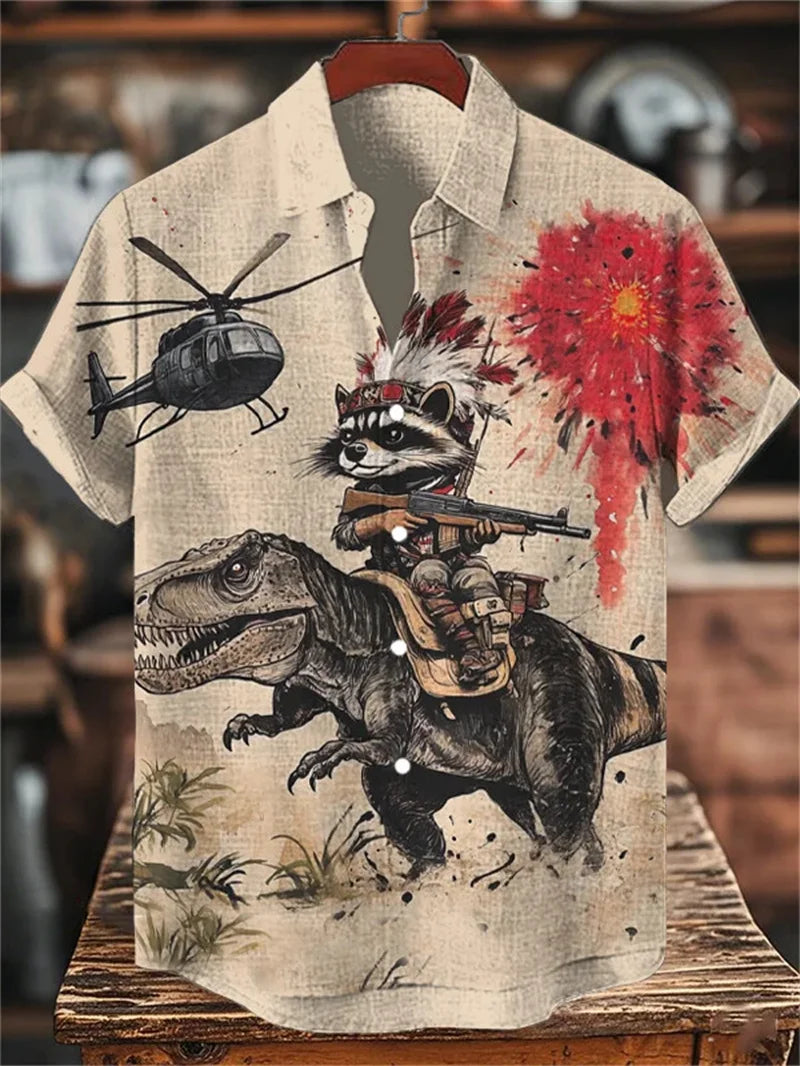New men's linen art 3D wave print short sleeved shirt with warrior cat animal pattern casual short sleeved shirt top