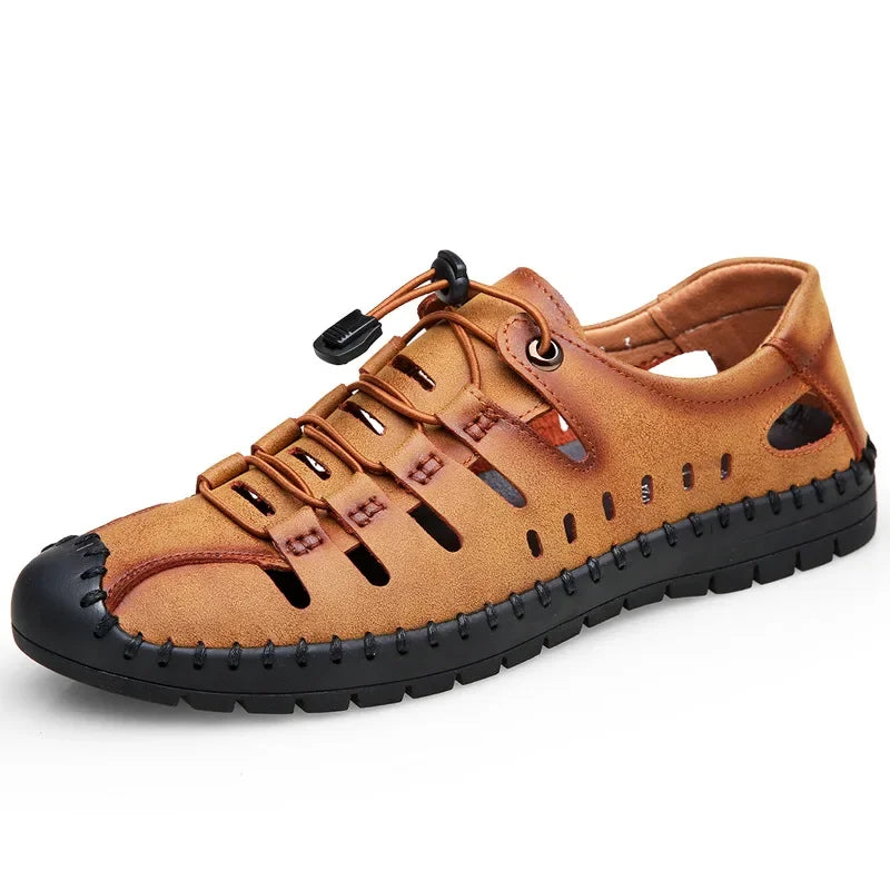 New 2025 Summer Shoes Men Sandals Genuine Leather Flat Non-slip Holiday Fashion Male Footwear Black Yellow D326