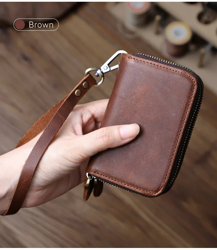 Genuine Leather Key Wallet For Men Retro Car Smart Key Case Double Zipper Housekeeper Keys Coin Pouch Organizer Handbag Women