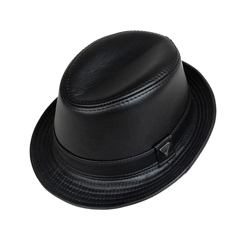 New 2023 Man High Quality Genuine Leather Jazz Fedora Gentleman CowSkin Short Brim Black/Brown Fitted Top Hat Male Shows