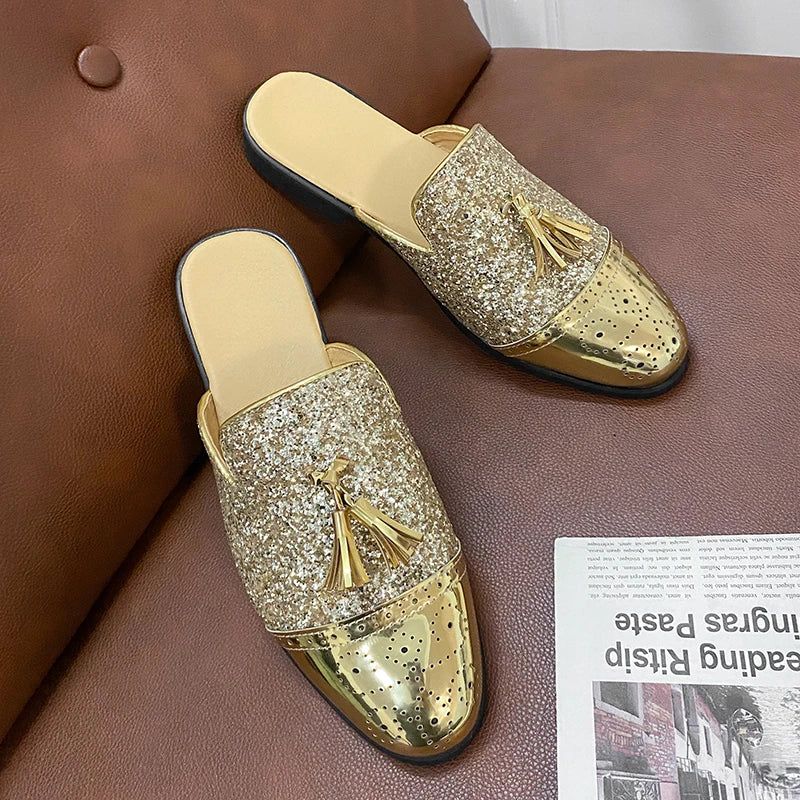 2024 New Luxury Designer Men's Casual Bling Leather Loafers Italian for Men Half Shoes Mules Male Black Slides Business Slippers