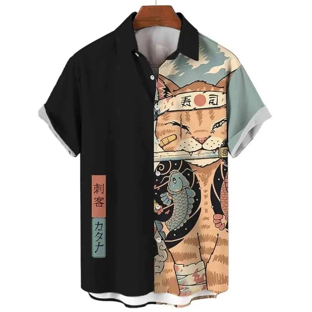 Fashion Men's Clothing Cool Samurai Cat Tops Summer New Men's Clothing Casual Short-Sleeved Anime Loose Blouse Hawaii Beaches