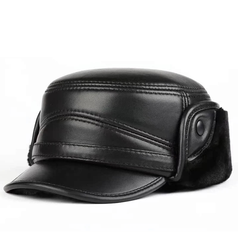 High Quality Genuine Leather Hats Winter First Layer Cowhide Warm Earmuffs Bomber Caps Plus Velvet Thicken Man Bone Caps Dad Hat