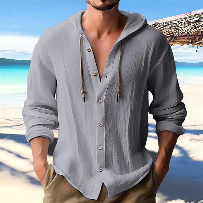 Men's Beach Casual Shirts Cotton Linen Hooded Long Sleeve Shirt Man Fashion Loose Solid Button Cardigan Streetwear Tops Clothing