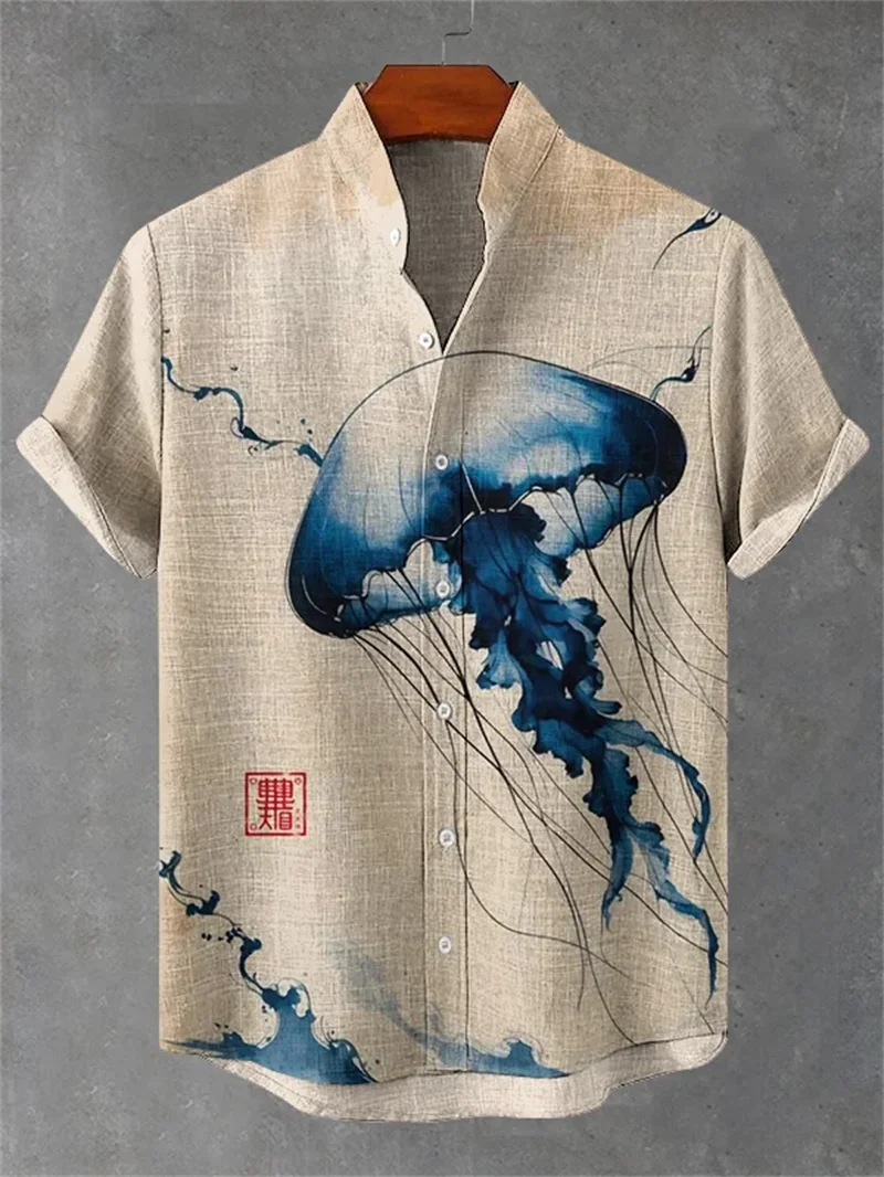 Men's new comfortable linen short sleeved shirt 3D jellyfish print maple leaf pattern button short sleeved top