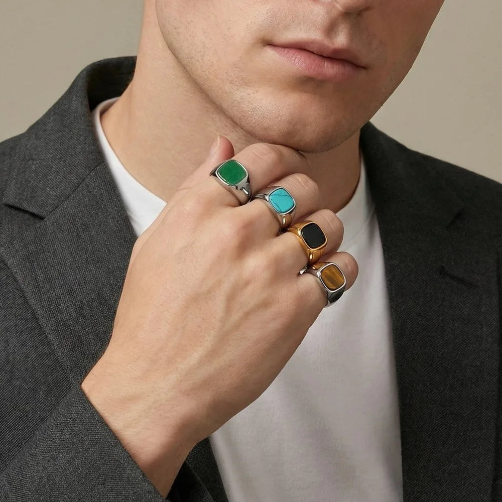 Stylish Square Natural Stone Ring for Men,Waterproof Stainless Steel Signet Ring,Birthday Party Gift for Him Dad