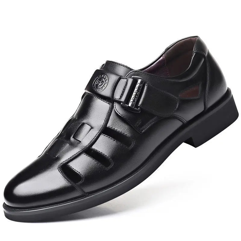 Men's Summer New Style Business Casual Genuine Leather Sandals With Hollow Outsole Anti-Slip Middle-Aged Father Leather Shoes