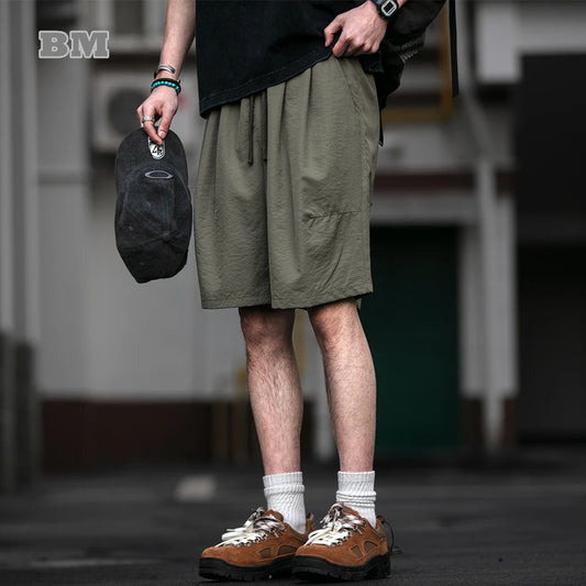 Outdoor Sport Shorts For Men Summer Loose Fit Breathable 5-Inch Drawstring Lightweight Harajuku Solid Color Basic Casual Trendy