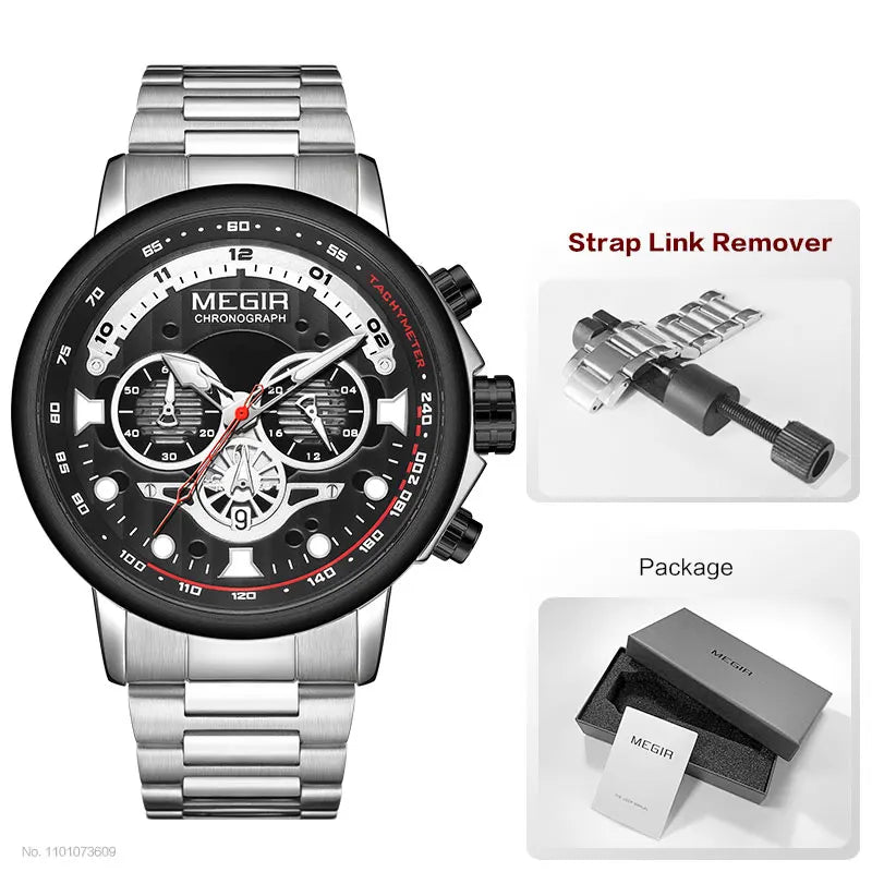 MEGIR Men's Watch Fashion Waterproof Chronograph Quartz Wristwatch with Auto Date Stainless Steel Strap Luminous Hands 24-hour