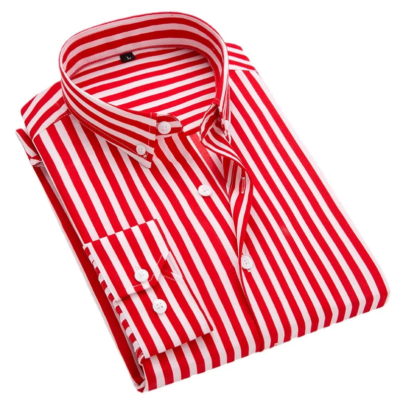 Men's Classic Striped Shirt, Single-breasted Long-sleeved Shirts Autumn New Men Top Red Blue Black Slim Version Male Chemise