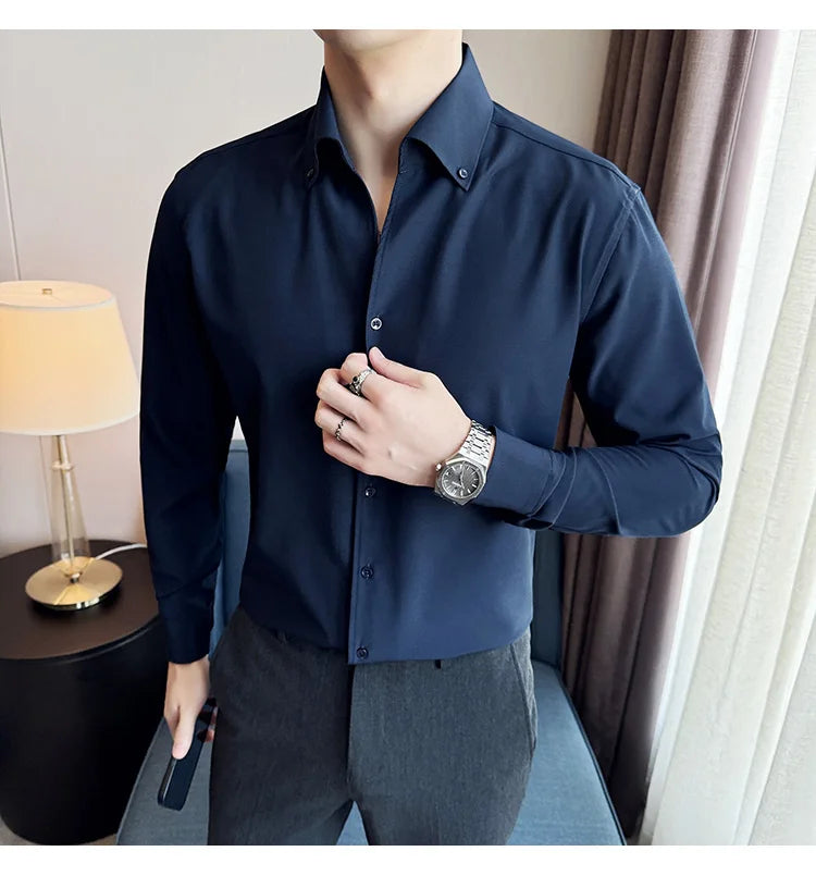 Men Dress Shirt 2025 Autumn British Style Solid Casual Slim Fit Formal Camisas V-neck Long Sleeves Shirt Streetwear Men Clothing