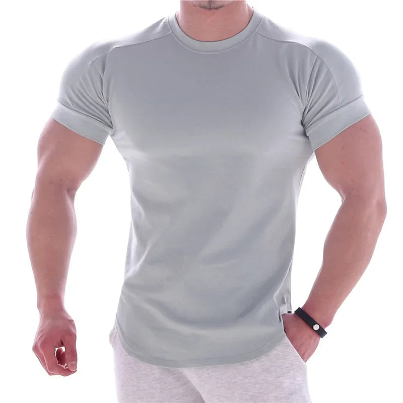 NEW Men Summer T Shirts High Elastic Slim Fit T shirt Men Quick-drying Curved Hem Mens T-Shirts Fitness casual Solid Color tops