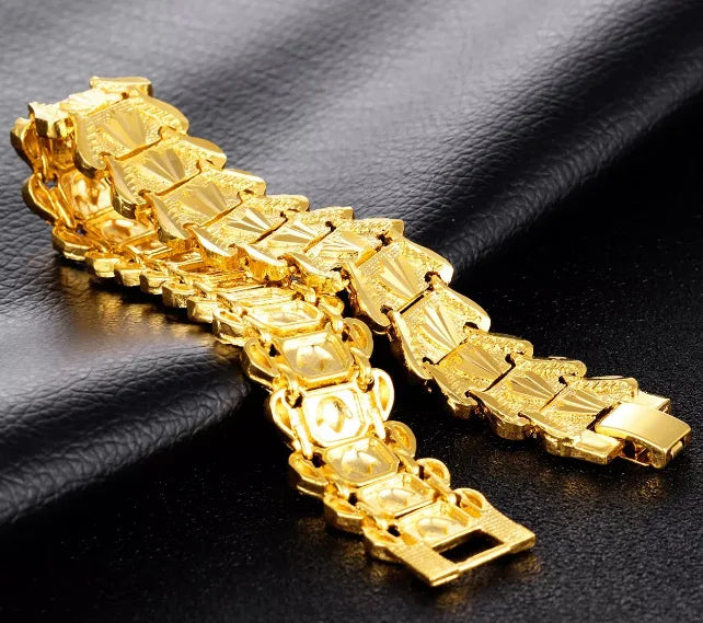 SAIYE 21cm Retro Fashion European Coin Gold Plated Jewelry 24K Gold Men Wide Bracelet Watch Chain Wholesale