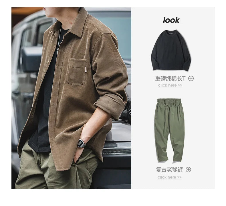 Maden Men's Shirt Casual Corduroy Long Sleeve Shirts Slim Fit Overcoat Spring Fleece Jacket Men's Clothing Retro Fashion Blouses