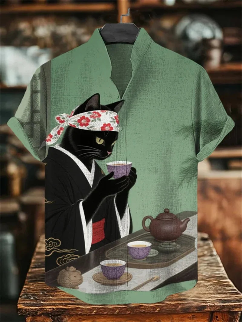 Men's Fun Black Cat Warrior Art 3D Animal Printed Casual Shirt Summer Men's Short sleeved Shirt Hawaiian Top