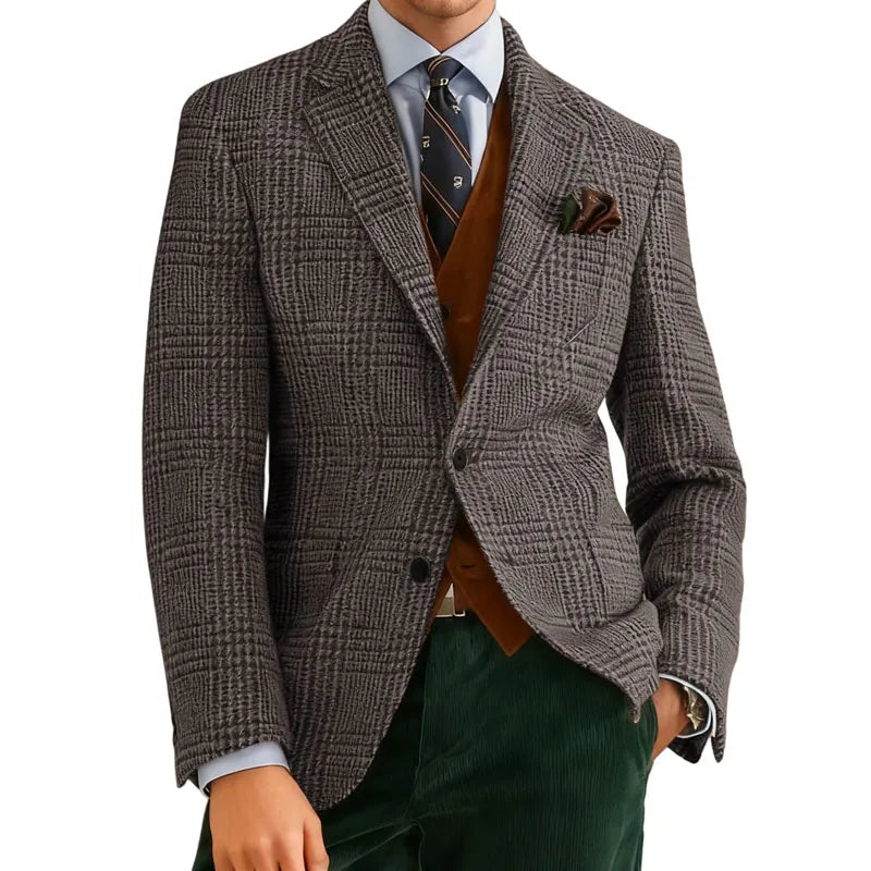Autumn Winter Men's Suits Jacket Formal Single-Breasted Plaid Blazer Tweed Wear Tuxedos Business Casual Party Men Sport Coats