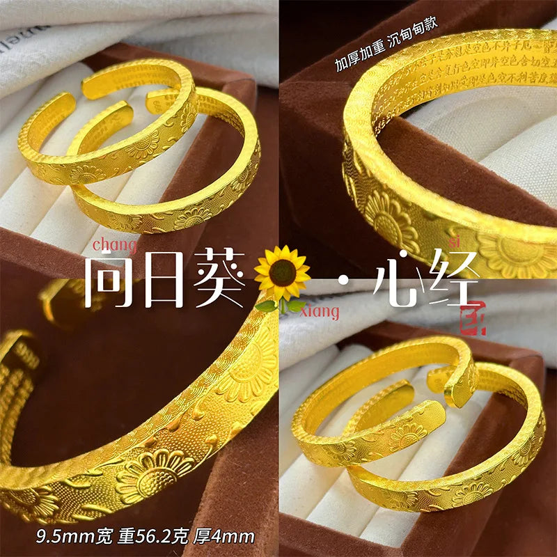 Real 9999 24k Gold Design Is Thickened and Wide, Facing the Sunflower and Engraved with the Heart Sutra, Open Bracelet Bracelet.