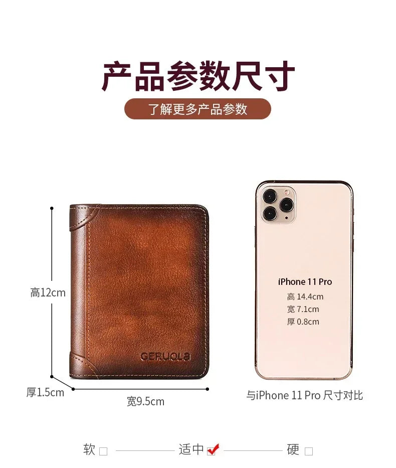 Men Wallet Genuine Leather Rfid Blocking Trifold Wallet Vintage Thin Short Multi Function ID Credit Card Holder Male Purse Money