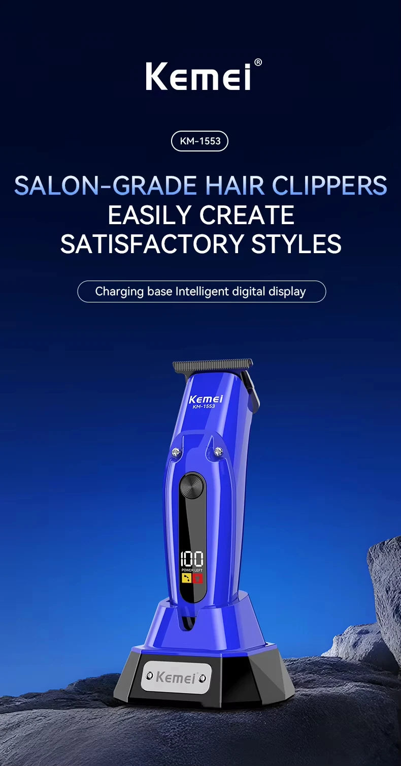 Kemei KM-1553 High Quality Men's Adult Cordless Hair Clipper with LED Display Barber Clipper Salon USB Charging Wet & Dry