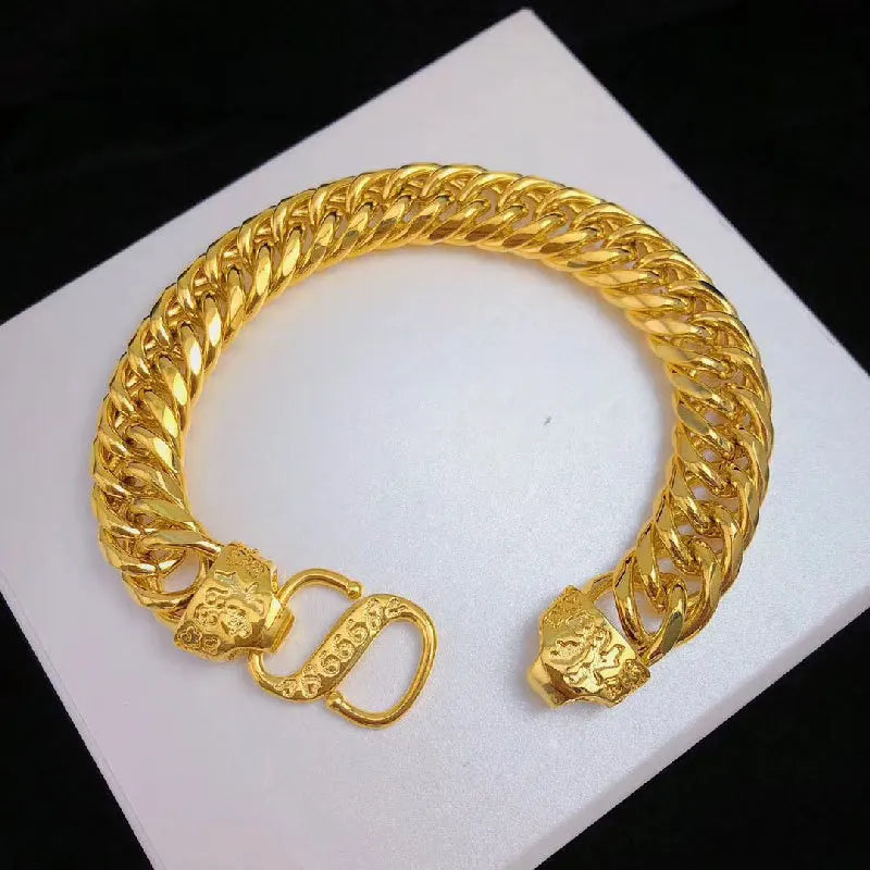 9999 24K real gold jewelry flat bracelet boss Fu's head hand jewelry men's and women's bracelet