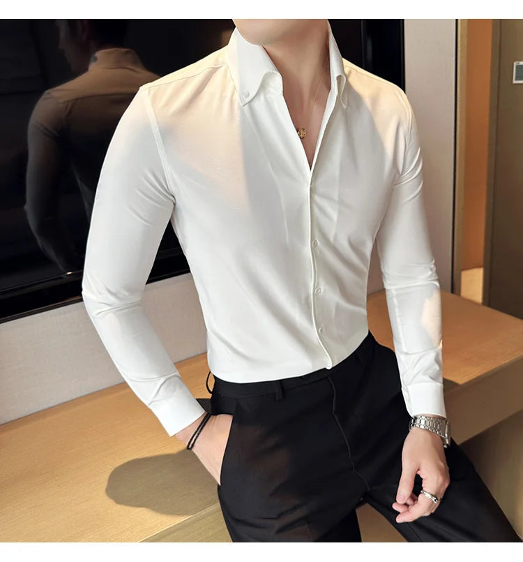 Men Dress Shirt 2025 Autumn British Style Solid Casual Slim Fit Formal Camisas V-neck Long Sleeves Shirt Streetwear Men Clothing