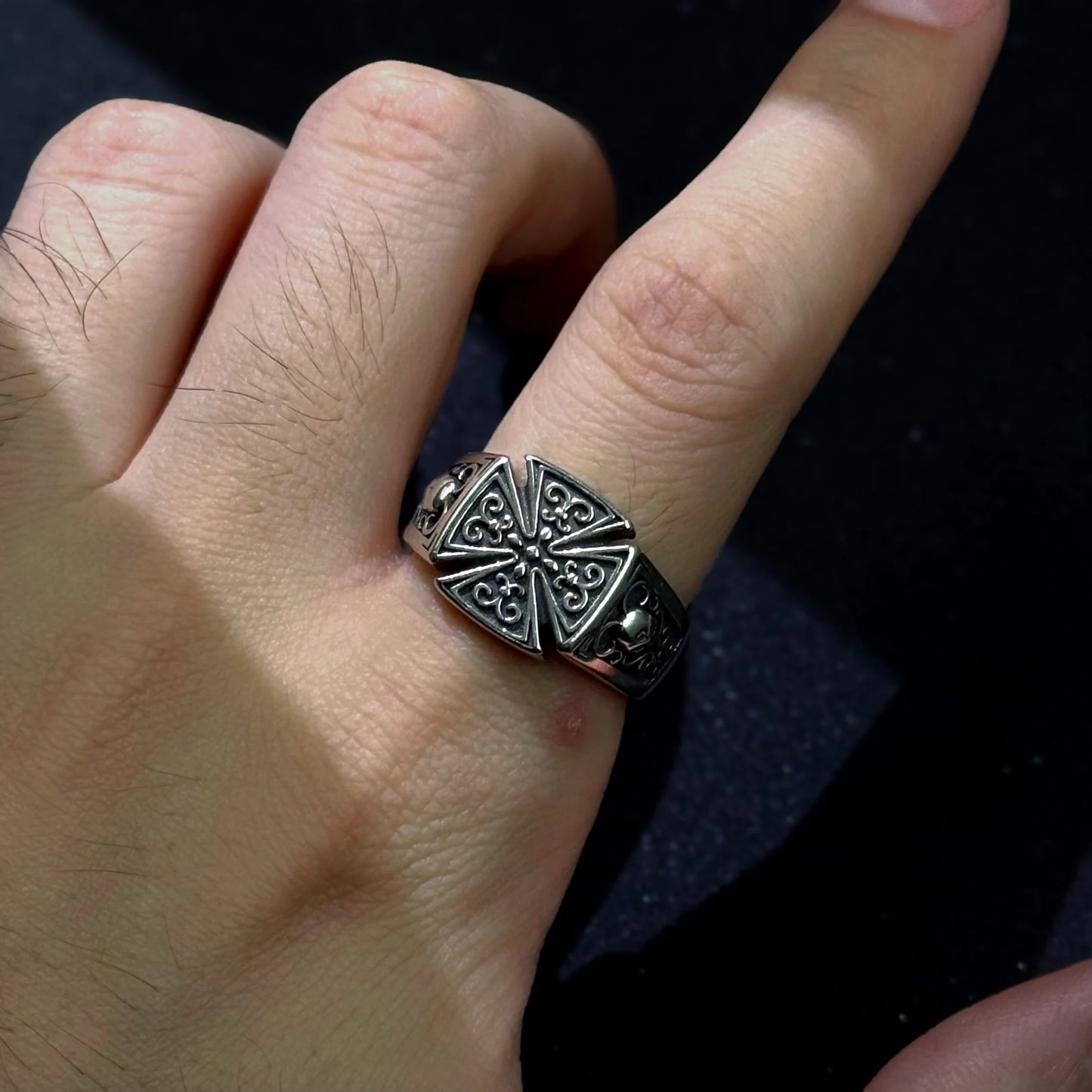 Retro Croix de Guerre Rose Pattern Adjustable Open Ring For Men Silver-plated Copper Punk Gothic Edgy Jewelry Accessories Gift