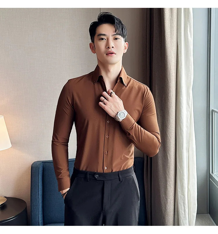 Men Dress Shirt 2025 Autumn British Style Solid Casual Slim Fit Formal Camisas V-neck Long Sleeves Shirt Streetwear Men Clothing