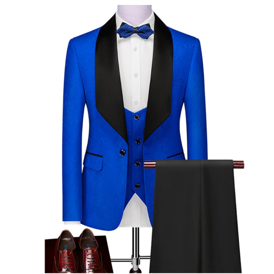 Hot Selling Men Suits Pattern and Black Groom Tuxedos Shawl Satin Lapel Groomsmen Wedding Best Man ( Jacket+Pants+Vest+Tie) C691