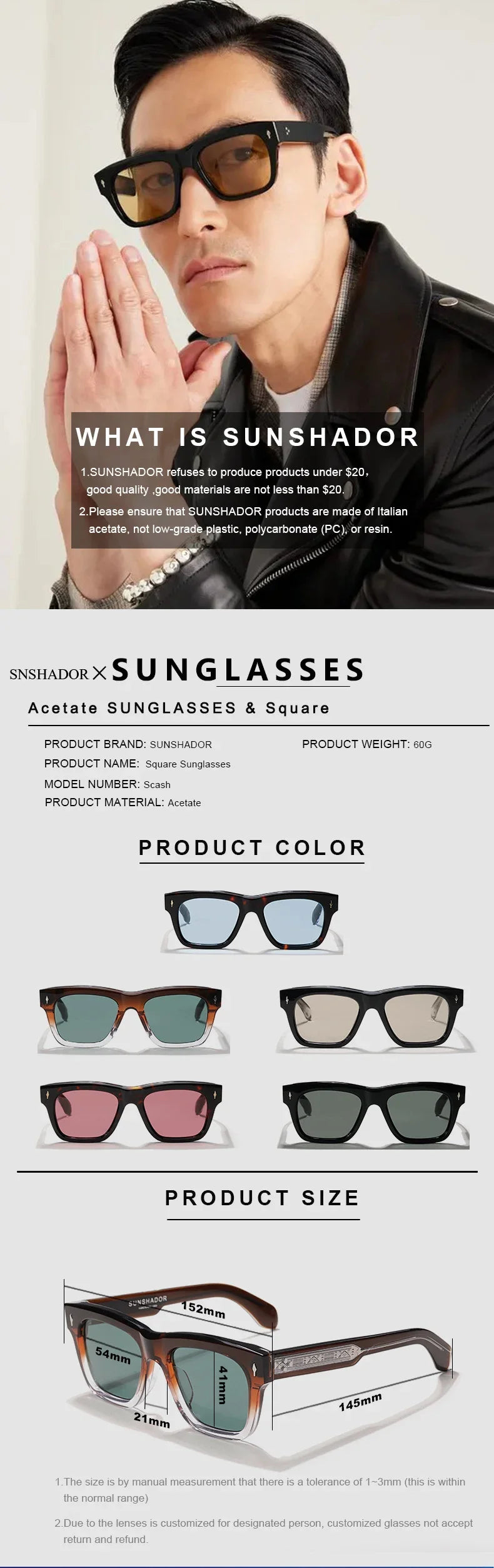 Sunglasses for Men Women Top-quality Handmade Square Acetate SCASH Luxury Brand Designer Outdoor Sports UV400 Trendy SUN GLASSES