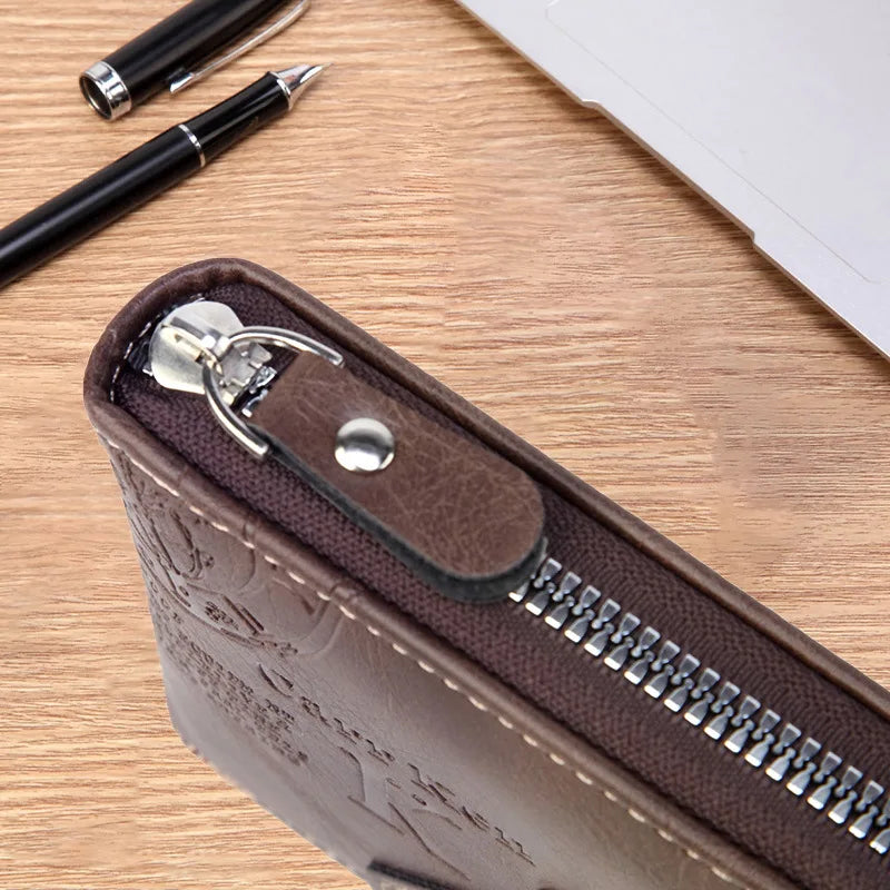 Men’s PU Waxed Oil Leather Wallet – Short Bifold Coin Purse with All-Around Zipper for Cash & Cards