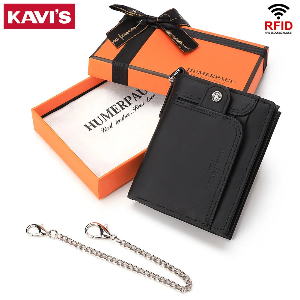Real Leather Wallet for Men RFID Blocking Credit Card Holder Purse Male Short Bifold Zipper Coin Pocket with Anti-Theft Chain