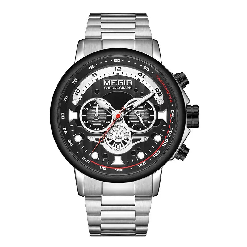 MEGIR Men's Watch Fashion Waterproof Chronograph Quartz Wristwatch with Auto Date Stainless Steel Strap Luminous Hands 24-hour