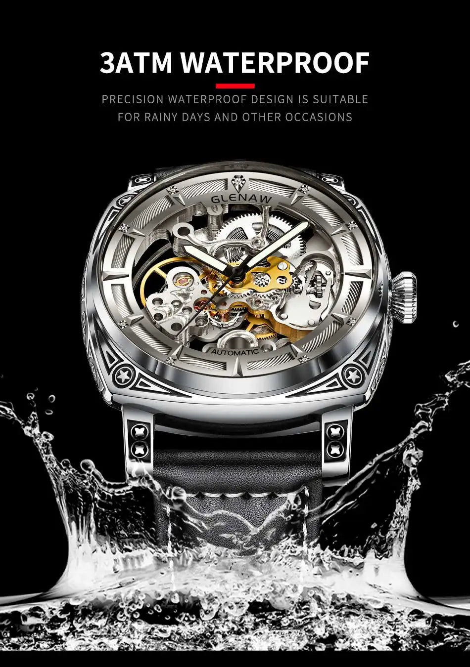 Relogios Masculino Glenaw Mens Watches Top Brand Luxury Personal Carving Watch Men's Stainless Steel Waterproof Watch Montre Hom