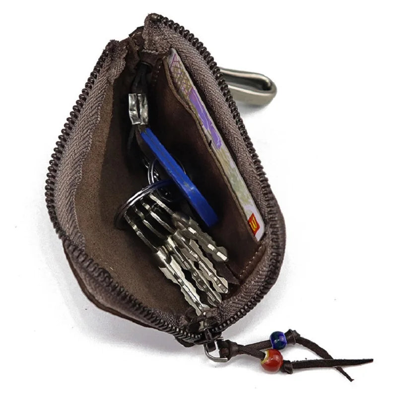Natural Leather Key Wallet for Men Short Zipper Car Key Holder Real Leather Coin Purse Card Case Bag Keys Organizer Housekeeper