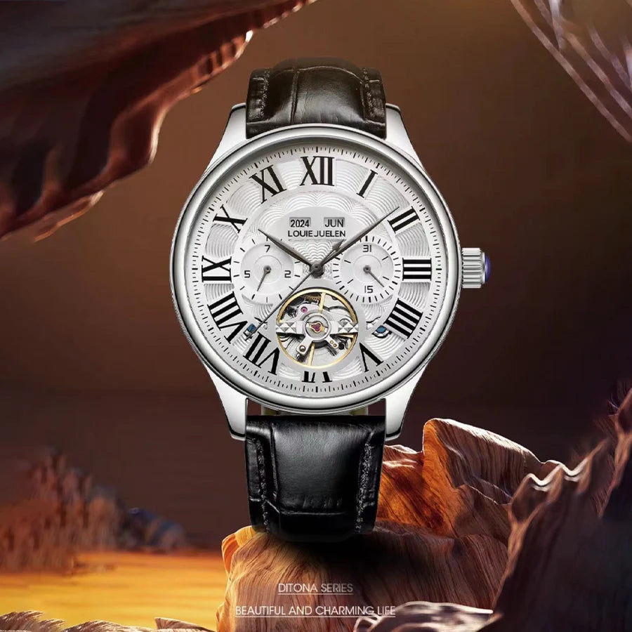 (Full Automatic Mechanical Watch) Men's Multifunctional Watch, Cut Out Perspective Small Plate, Roman Numeral Scale Dial, No Battery Required