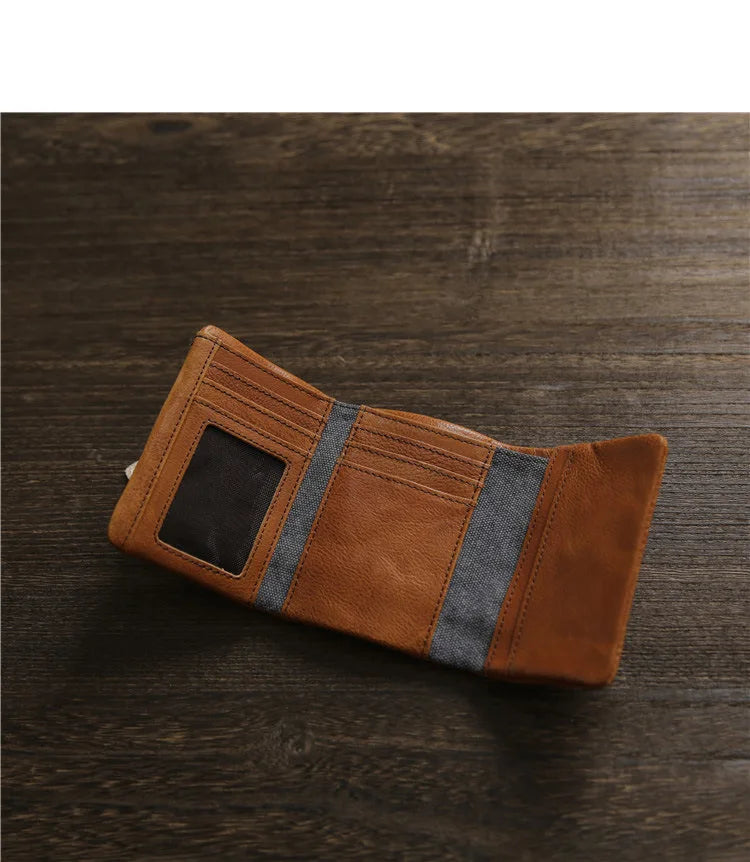 2025 Handmade Wallet Men's Short Leather Triple Fold Money Clip Cowhide Youth Buckle Student Vertical Vegetable Tanned Leather