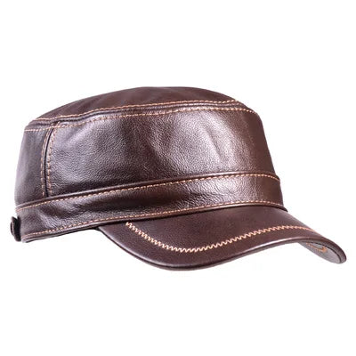 Hat Men Winter Male Genuine Leather Quality Cowhide Casual Thin Flat Top Cap Hombre Black Brown Solid Color Trucker Casquette