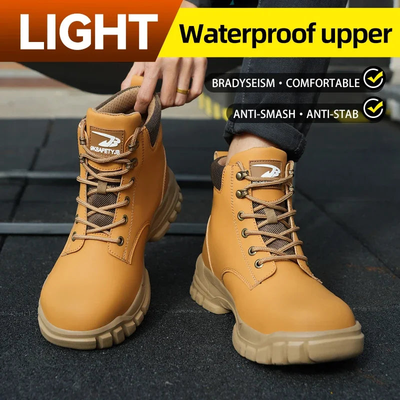 Work Safety Boots for Men, Anti-smash Steel Toe Shoes, Puncture-proof, Indestructible, Waterproof Sneakers Brown Boots
