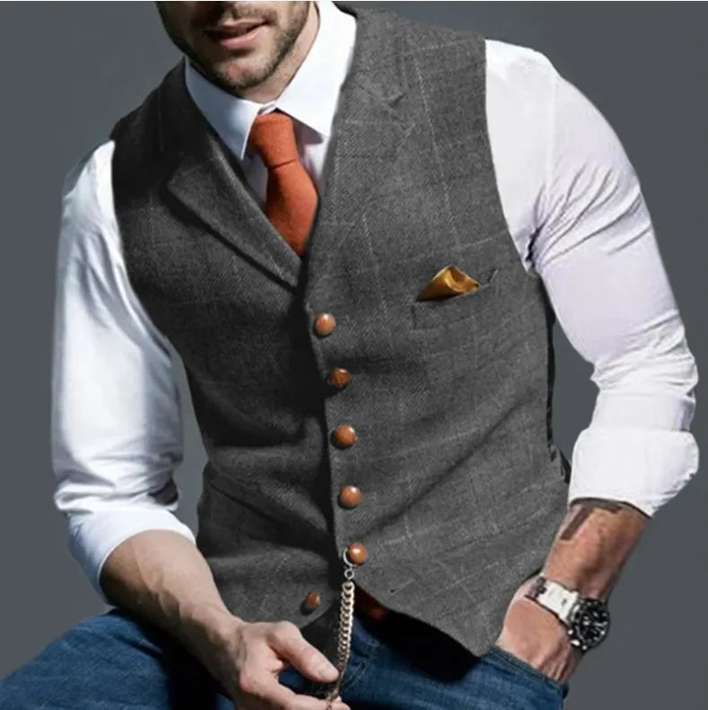 Men's Casual Classic Suit Vest Retro Herringbone Lapel Cotton Blended Tweed Slim Business Commuter Suit Lined Vest S-3XL