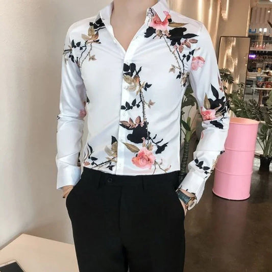 Shirts For Men White With Print Man Shirt Long Sleeve Printed New In Collar Asia S Korean Popular Clothes Trend Original Tops