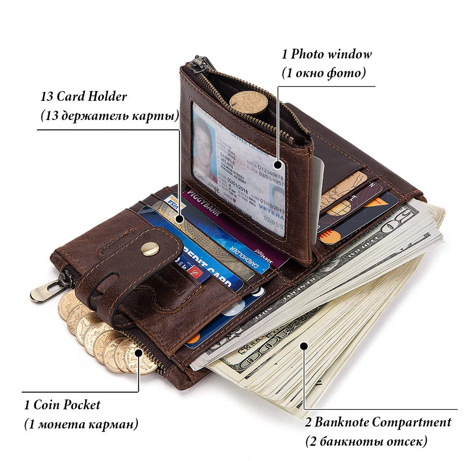 LAREET Fashion Genuine Leather Wallet With Cowhide For Men Money Card Holder Purse RFID Short Double Zipper Coin Pocket Bifold