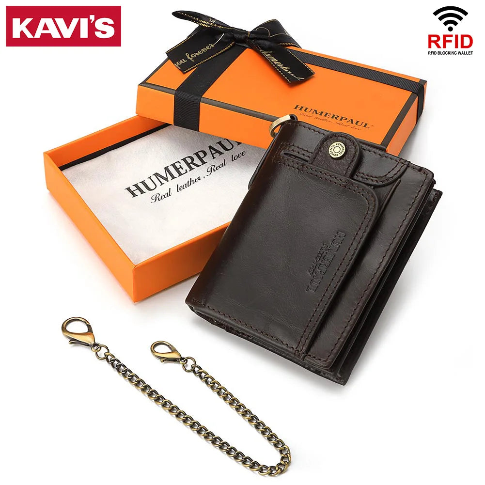 Real Leather Wallet for Men RFID Blocking Credit Card Holder Purse Male Short Bifold Zipper Coin Pocket with Anti-Theft Chain